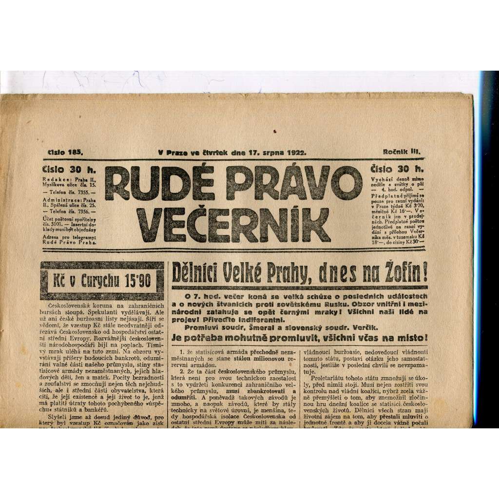 Rudé právo - večerník, ročník III., číslo 185. (17.8.1922). 1. republika, noviny