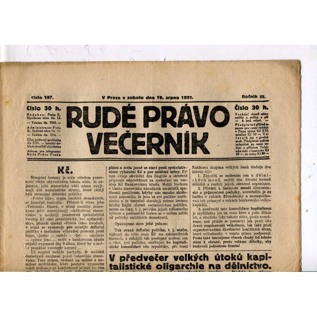 Rudé právo - večerník, ročník III., číslo 187. (19.8.1922). 1. republika, noviny