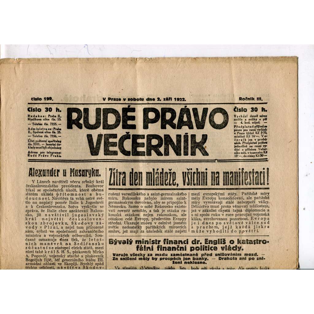 Rudé právo - večerník, ročník III., číslo 199. (2.9.1922). 1. republika, noviny
