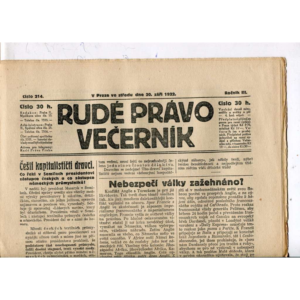 Rudé právo - večerník, ročník III., číslo 214. (20.9.1922). 1. republika, noviny