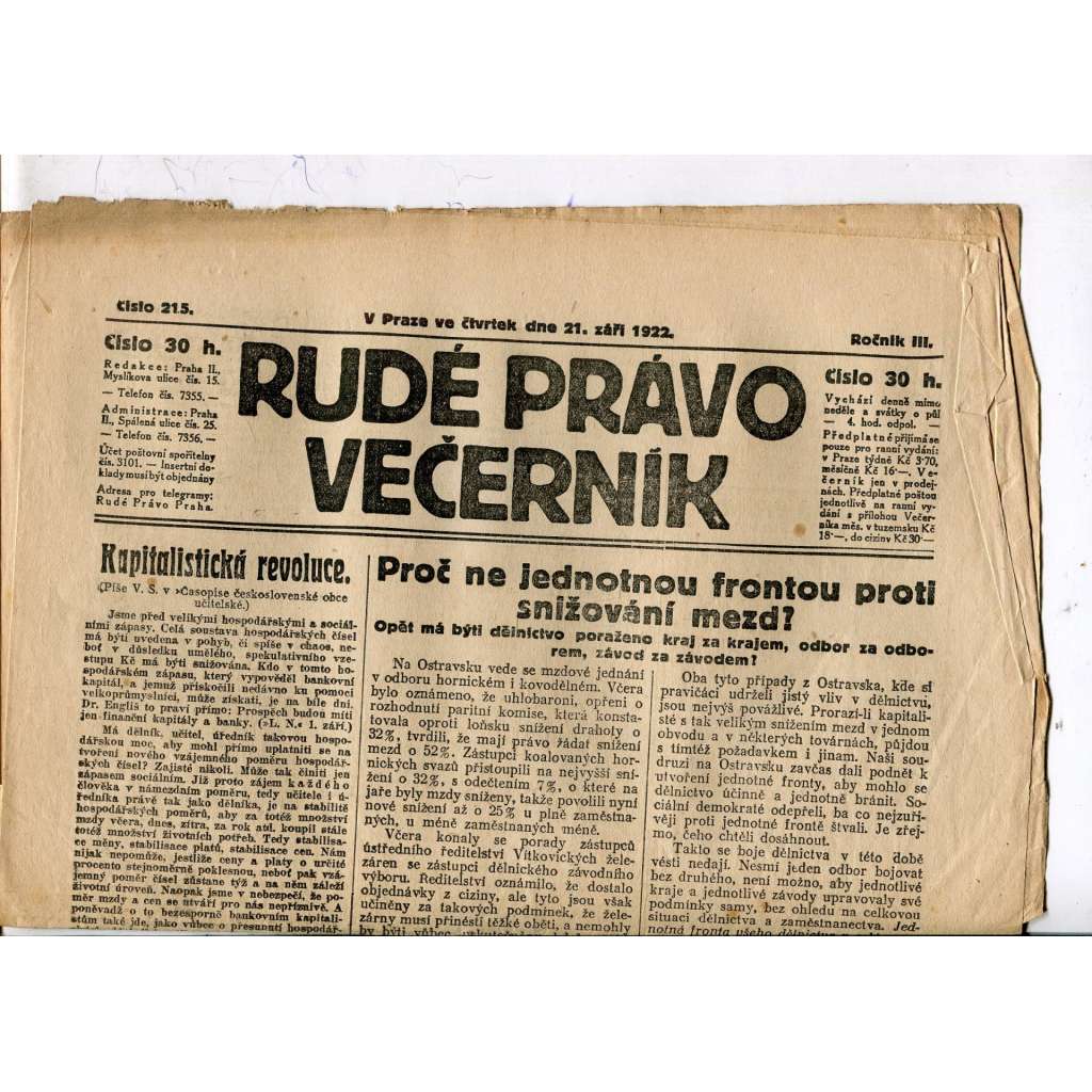 Rudé právo - večerník, ročník III., číslo 215. (21.9.1922). 1. republika, noviny