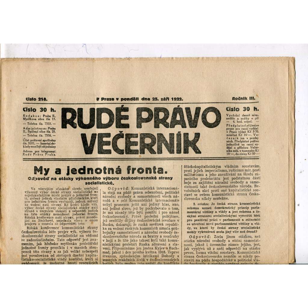 Rudé právo - večerník, ročník III., číslo 218. (25.9.1922). 1. republika, noviny