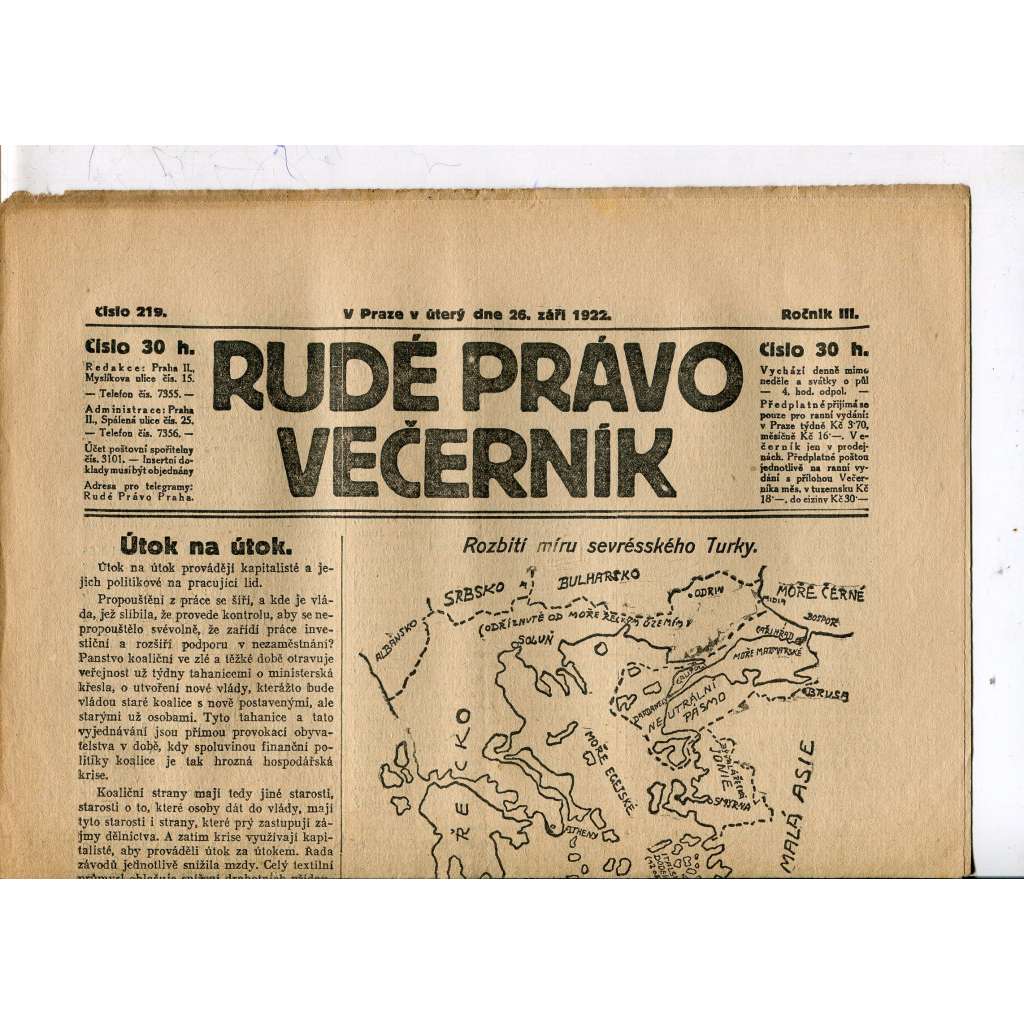 Rudé právo - večerník, ročník III., číslo 219. (26.9.1922). 1. republika, noviny