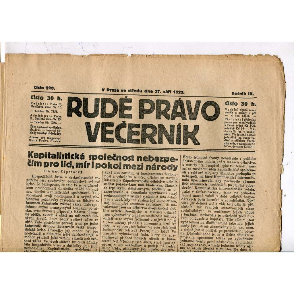 Rudé právo - večerník, ročník III., číslo 220. (27.9.1922). 1. republika, noviny