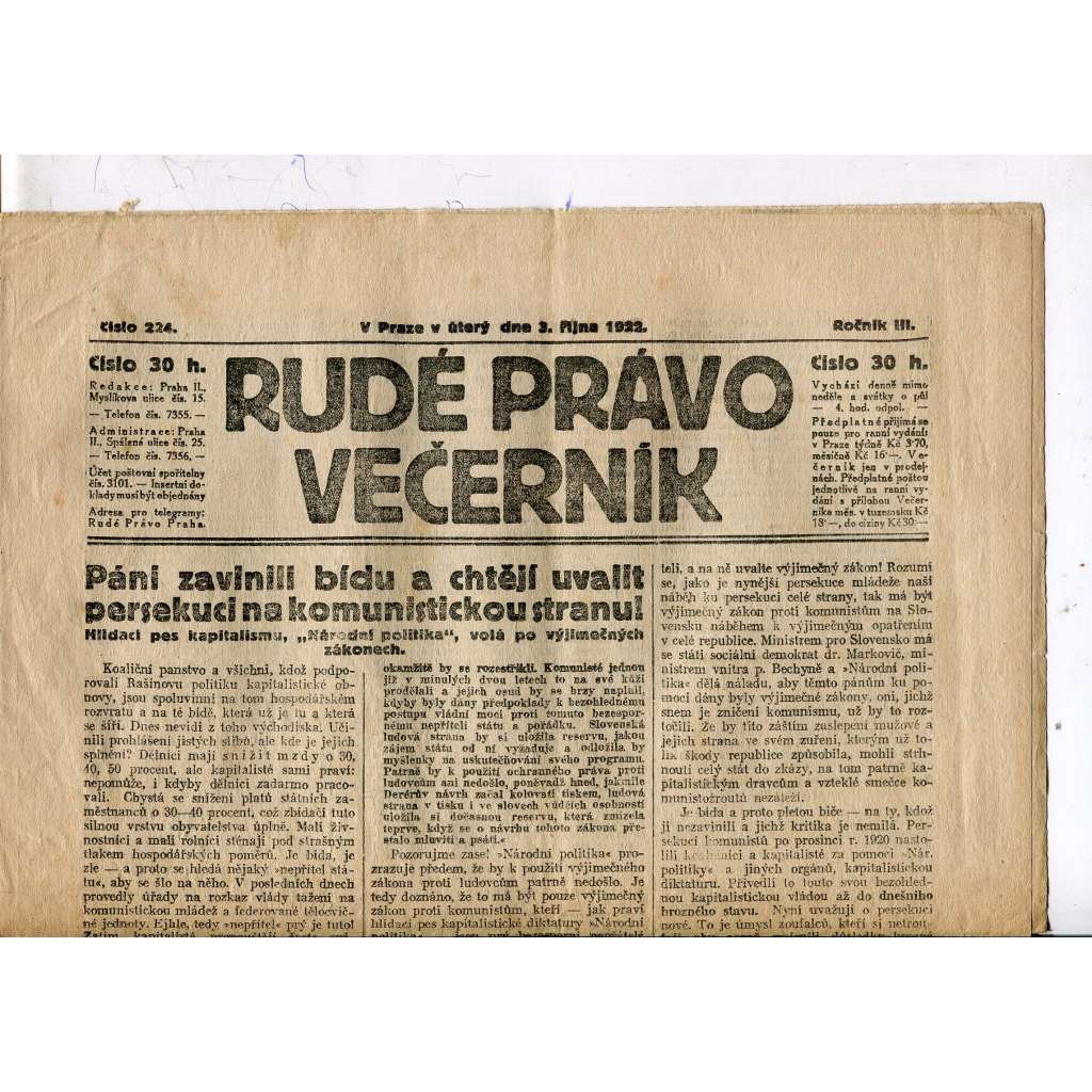 Rudé právo - večerník, ročník III., číslo 224. (3.10.1922). 1. republika, noviny