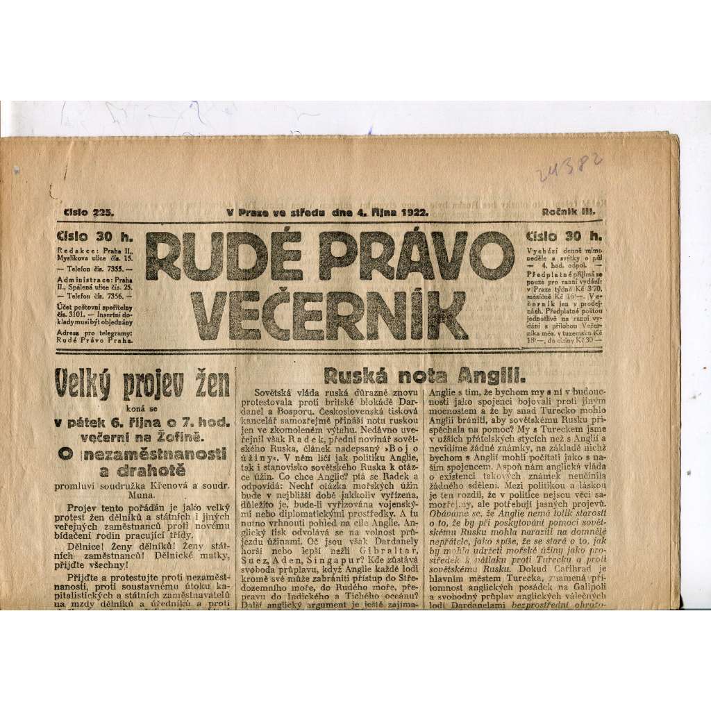 Rudé právo - večerník, ročník III., číslo 225. (4.10.1922). 1. republika, noviny