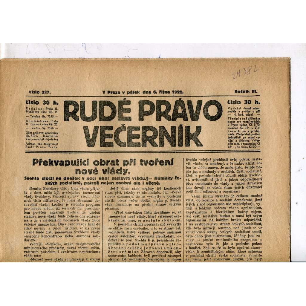Rudé právo - večerník, ročník III., číslo 227. (6.10.1922). 1. republika, noviny