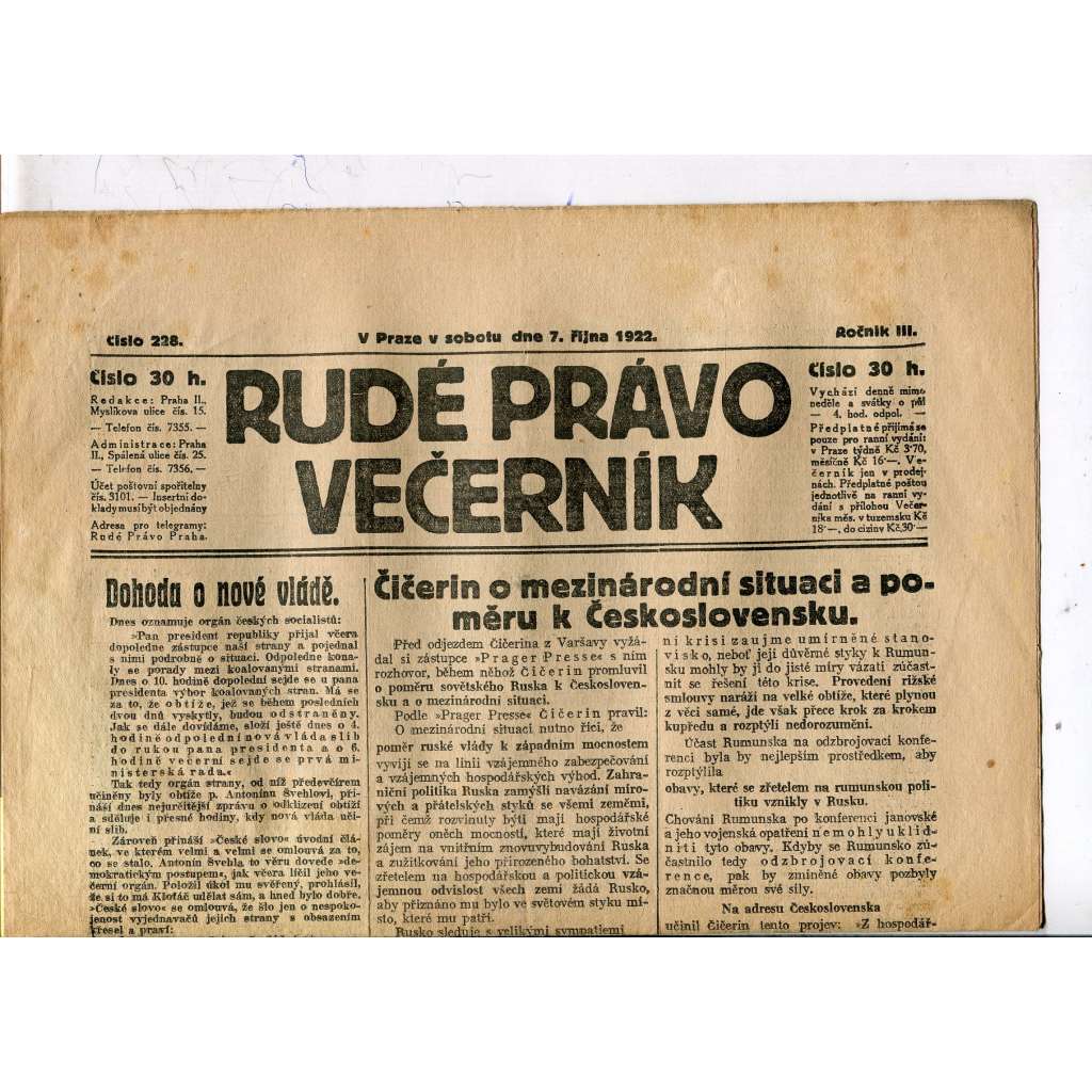 Rudé právo - večerník, ročník III., číslo 228. (7.10.1922). 1. republika, noviny
