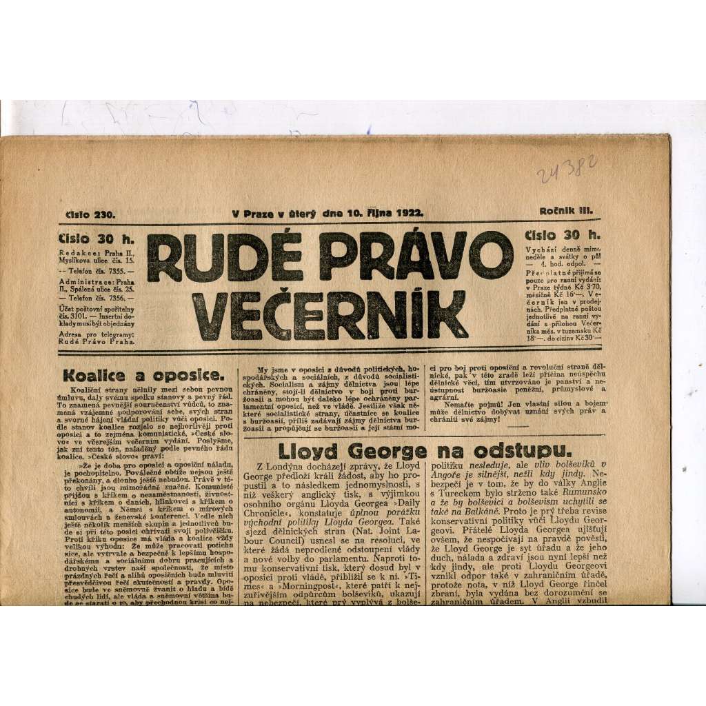 Rudé právo - večerník, ročník III., číslo 230. (10.10.1922). 1. republika, noviny