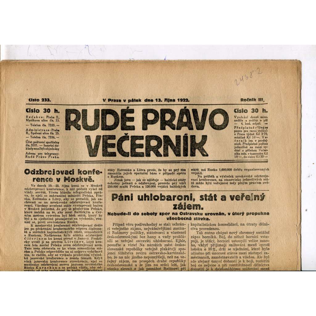 Rudé právo - večerník, ročník III., číslo 233. (13.10.1922). 1. republika, noviny