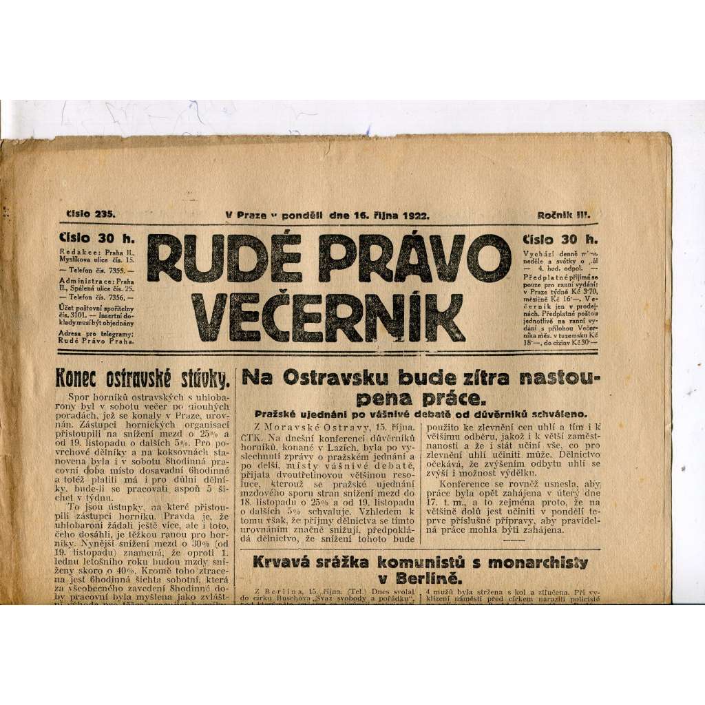 Rudé právo - večerník, ročník III., číslo 235. (16.10.1922). 1. republika, noviny