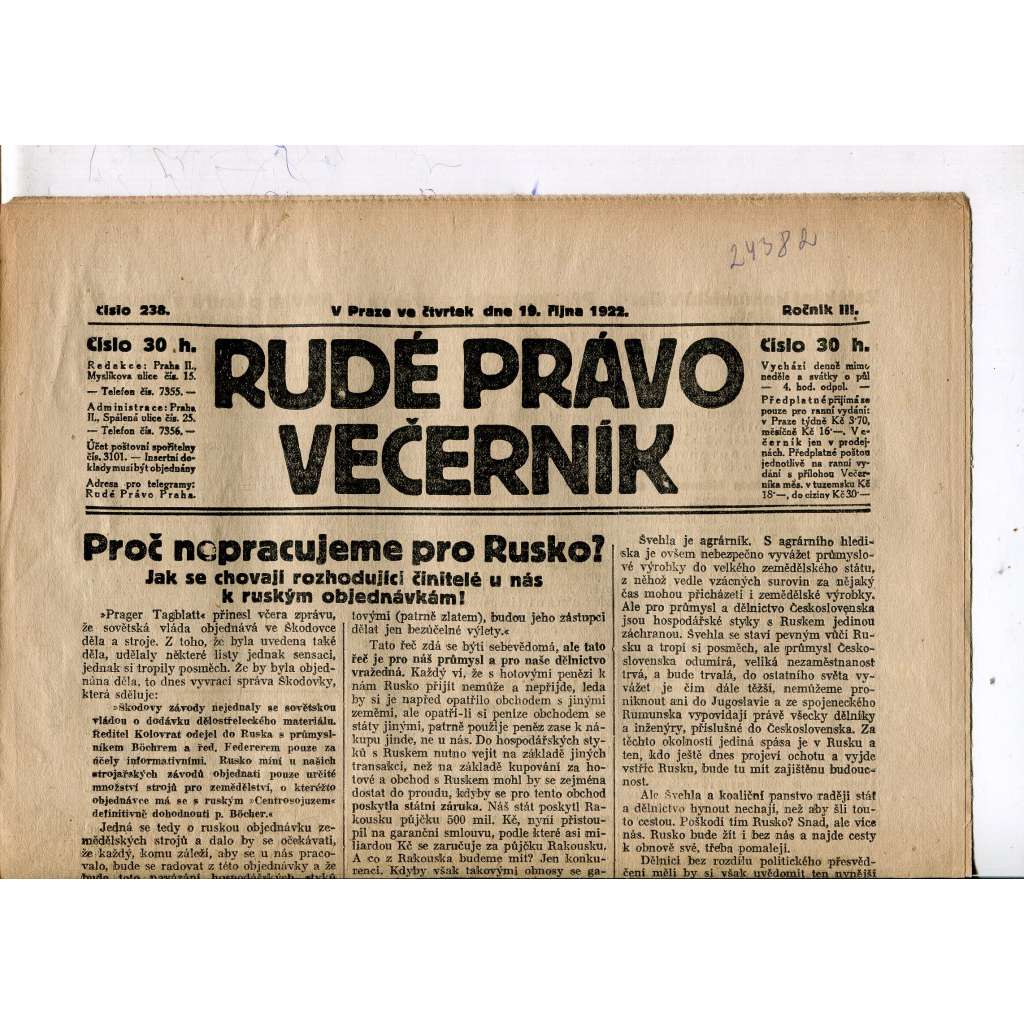 Rudé právo - večerník, ročník III., číslo 238. (19.10.1922). 1. republika, noviny