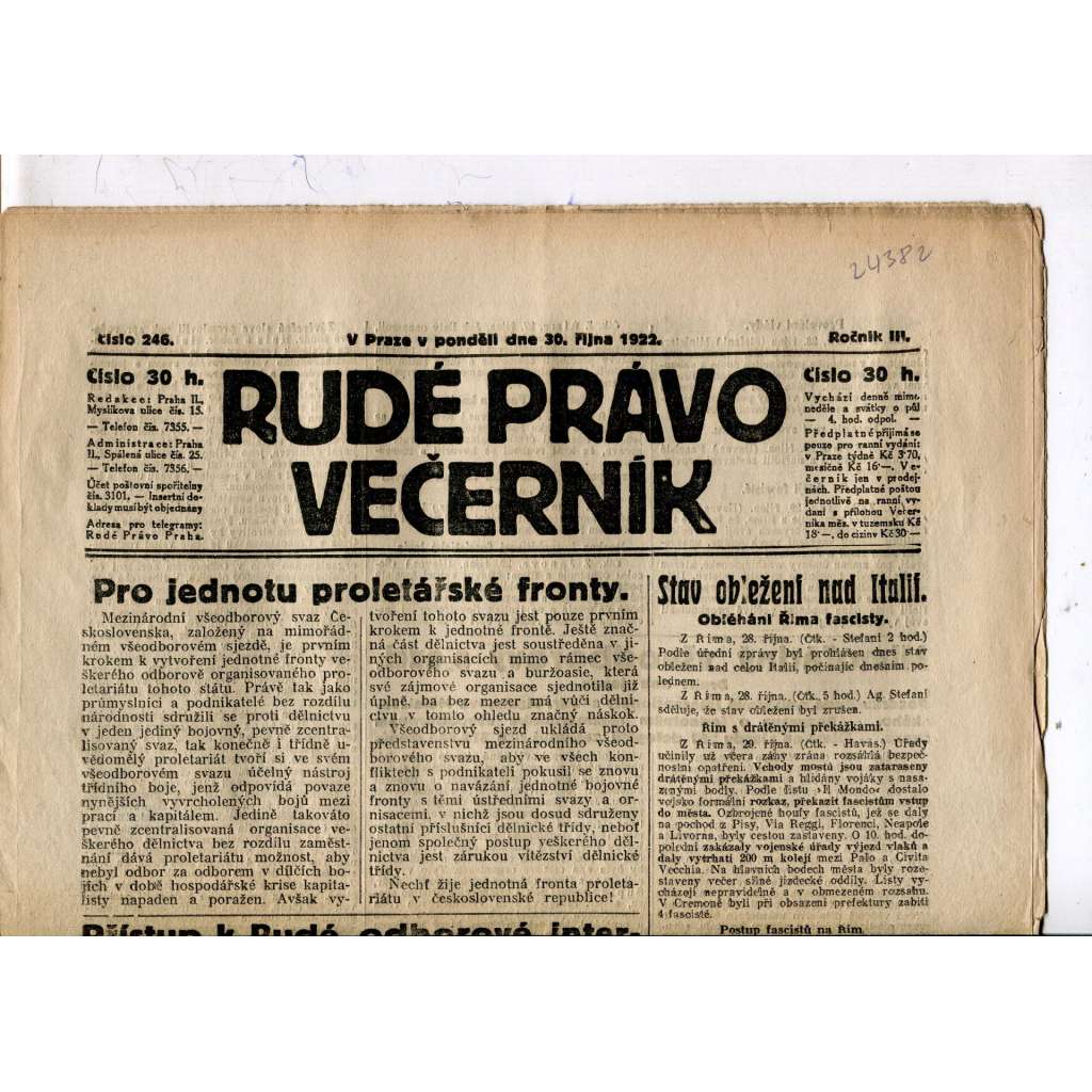 Rudé právo - večerník, ročník III., číslo 246. (30.10.1922). 1. republika, noviny