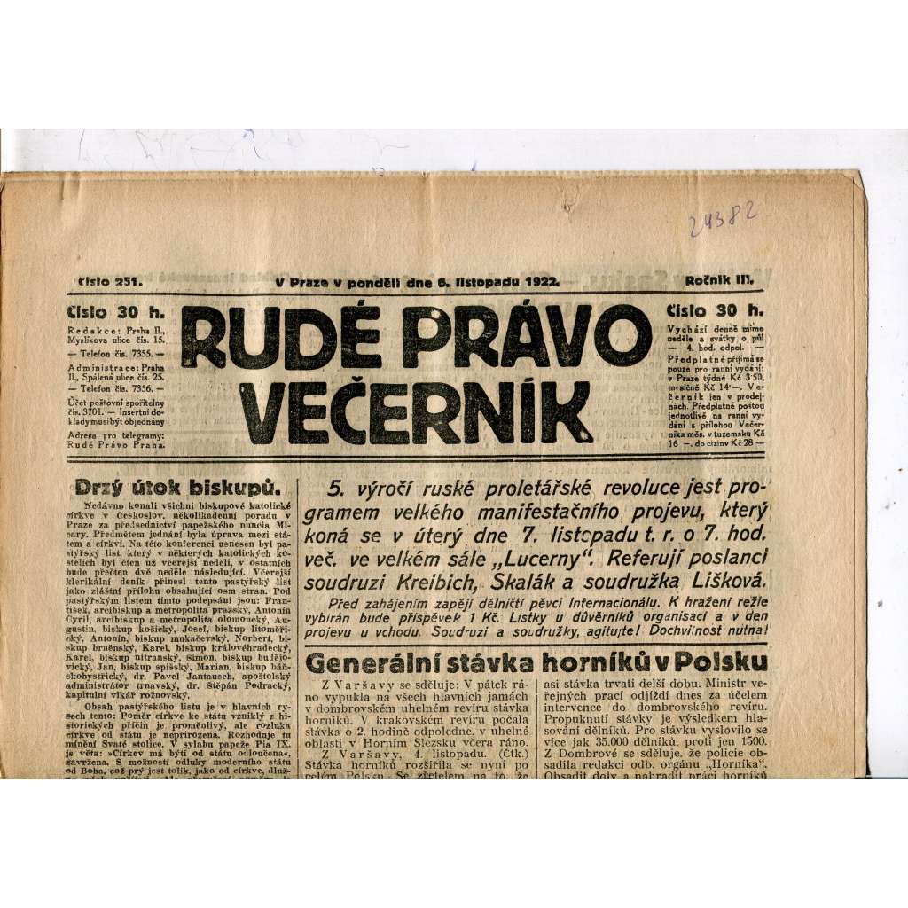 Rudé právo - večerník, ročník III., číslo 251. (6.11.1922). 1. republika, noviny
