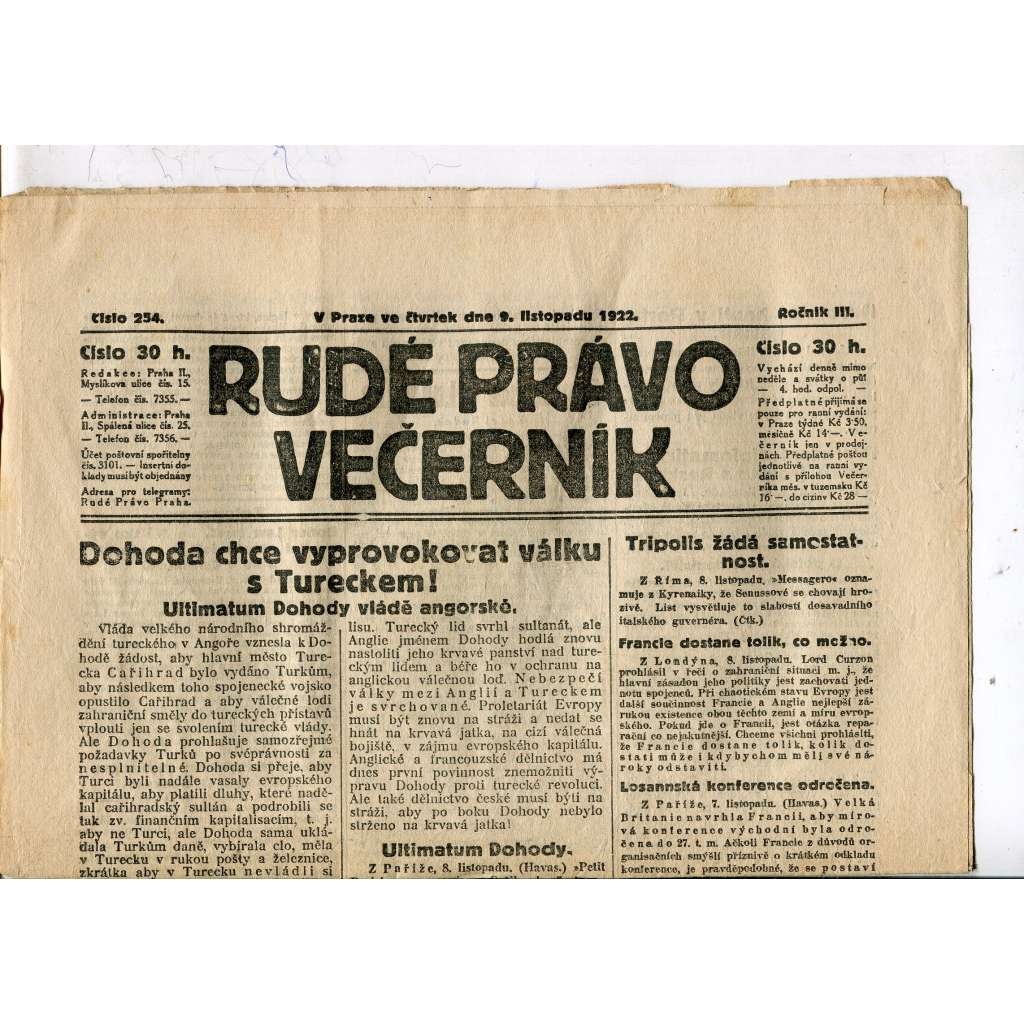 Rudé právo - večerník, ročník III., číslo 254. (9.11.1922). 1. republika, noviny