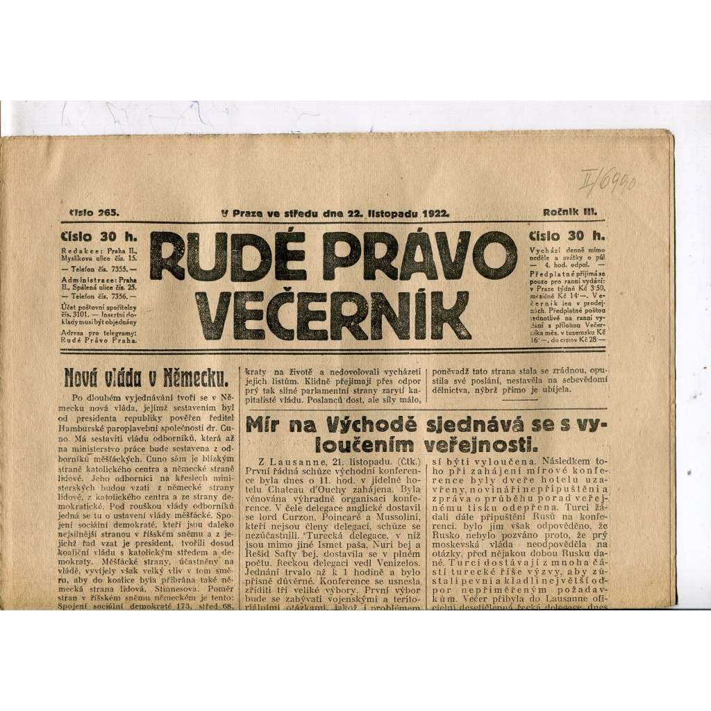 Rudé právo - večerník, ročník III., číslo 265. (22.11.1922). 1. republika, noviny