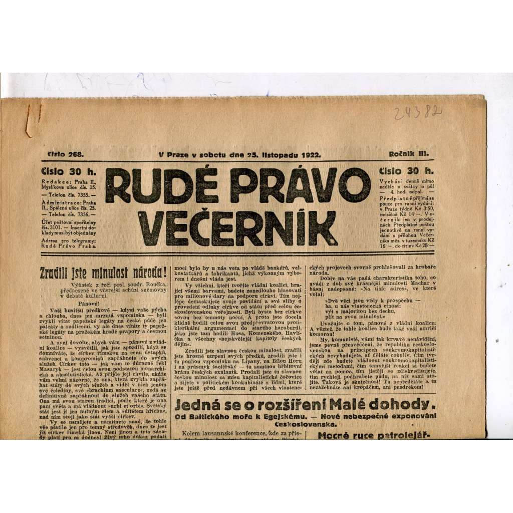 Rudé právo - večerník, ročník III., číslo 268. (25.11.1922). 1. republika, noviny