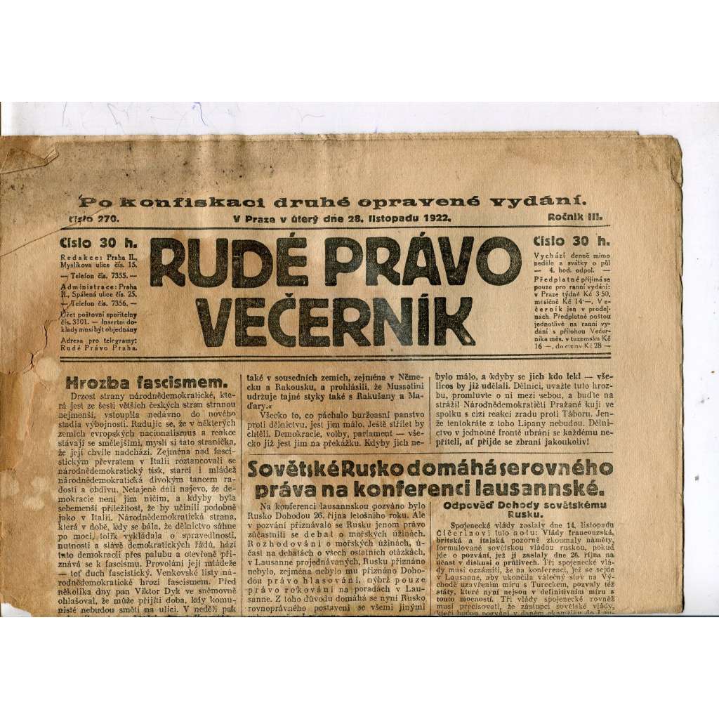 Rudé právo - večerník, ročník III., číslo 270. (28.11.1922). 1. republika, noviny