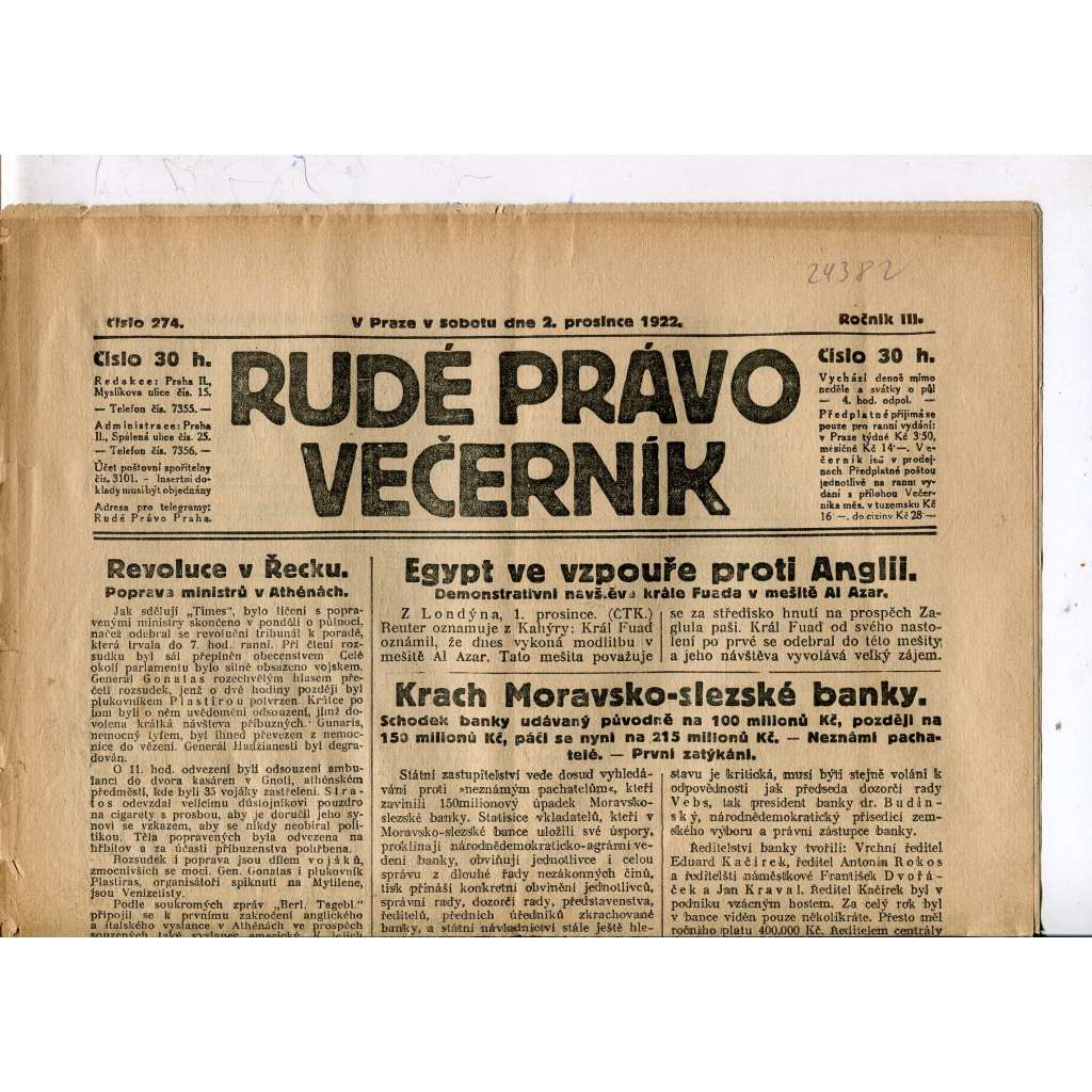 Rudé právo - večerník, ročník III., číslo 274. (2.12.1922). 1. republika, noviny