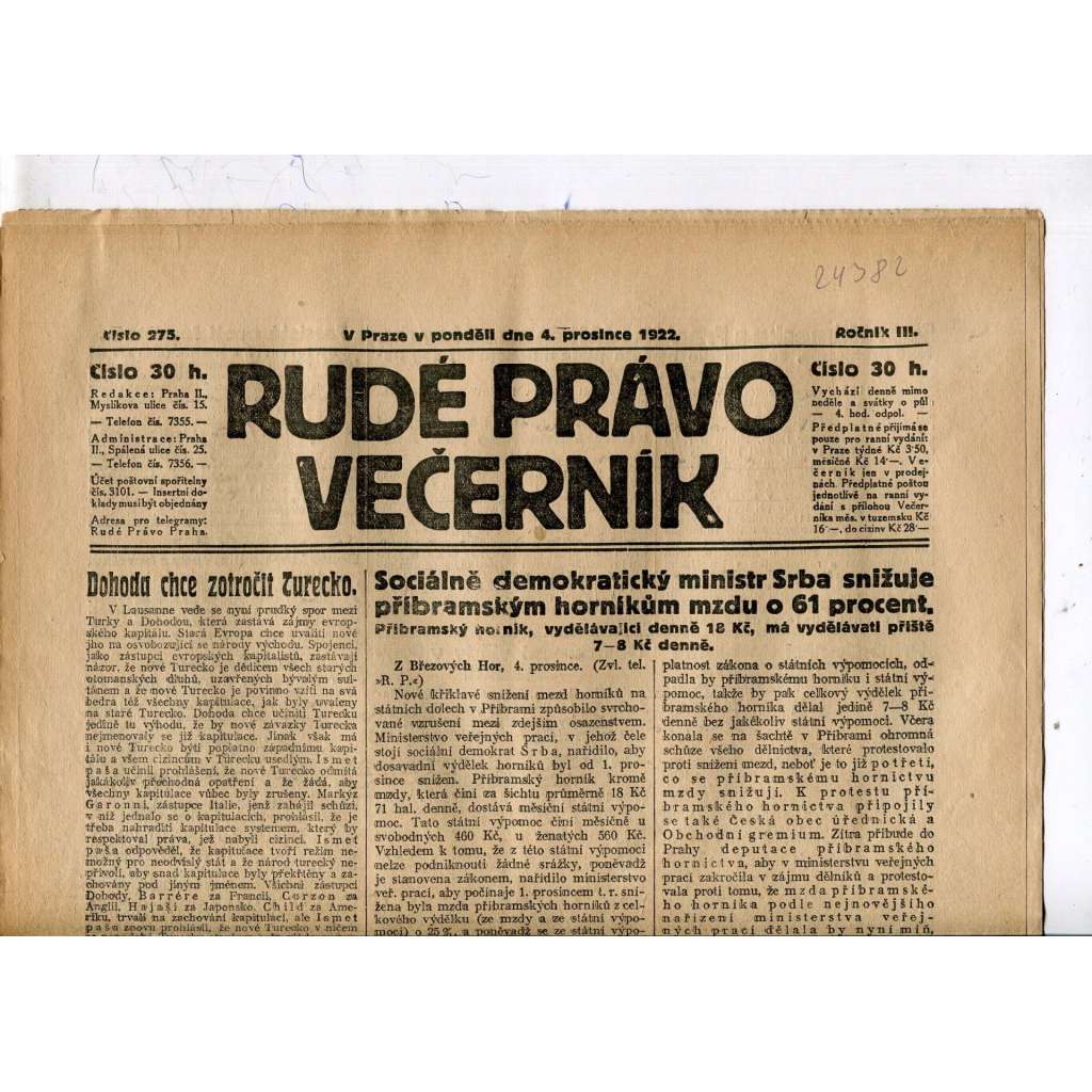 Rudé právo - večerník, ročník III., číslo 275. (4.12.1922). 1. republika, noviny