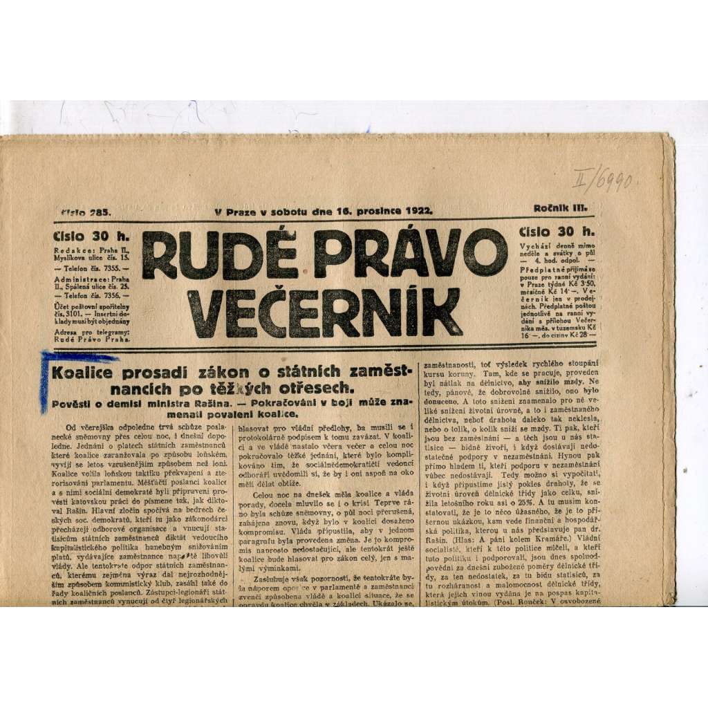 Rudé právo - večerník, ročník III., číslo 285. (16.12.1922). 1. republika, noviny
