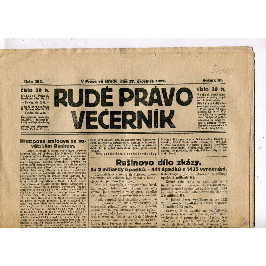 Rudé právo - večerník, ročník III., číslo 292. (27.12.1922). 1. republika, noviny