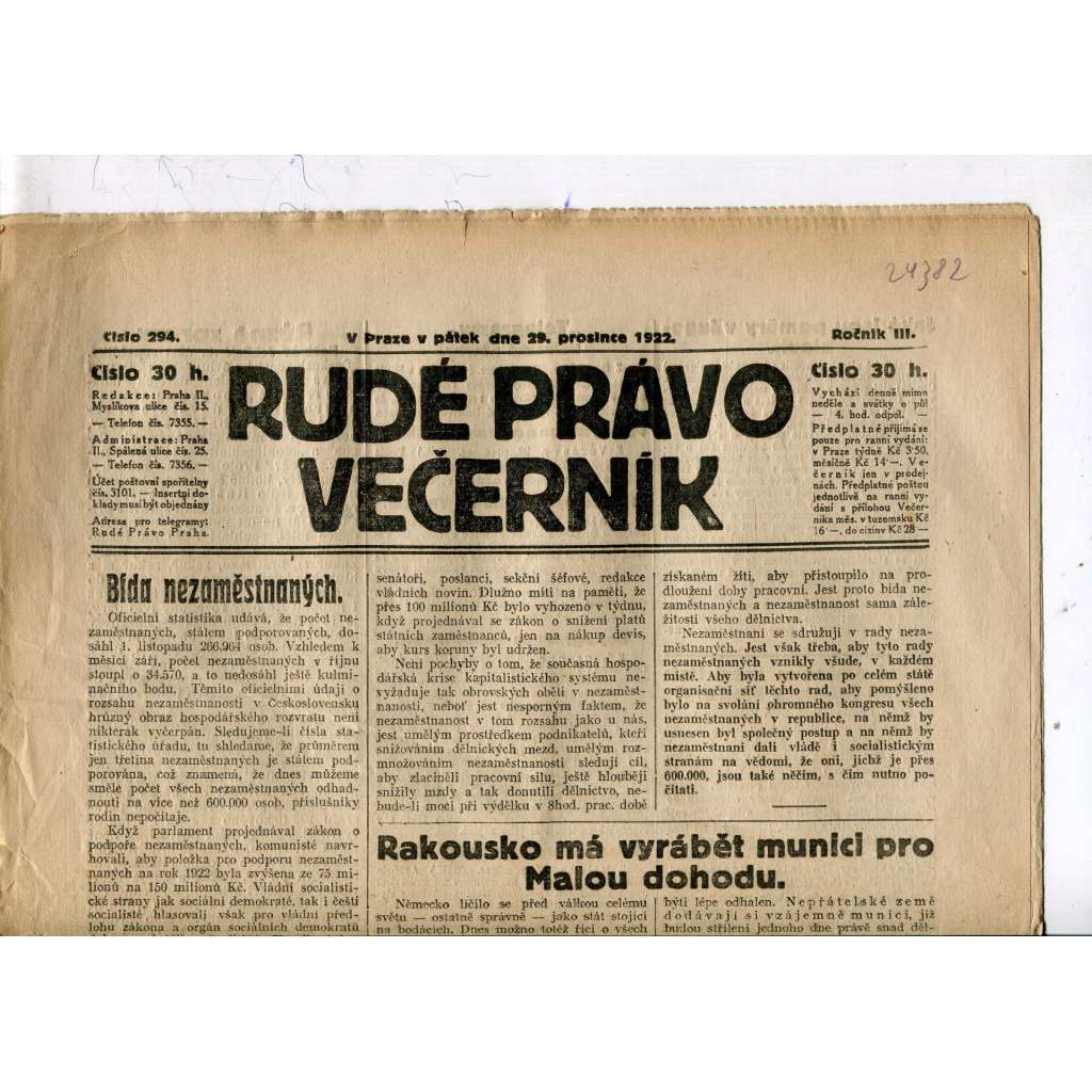 Rudé právo - večerník, ročník III., číslo 294. (29.12.1922). 1. republika, noviny