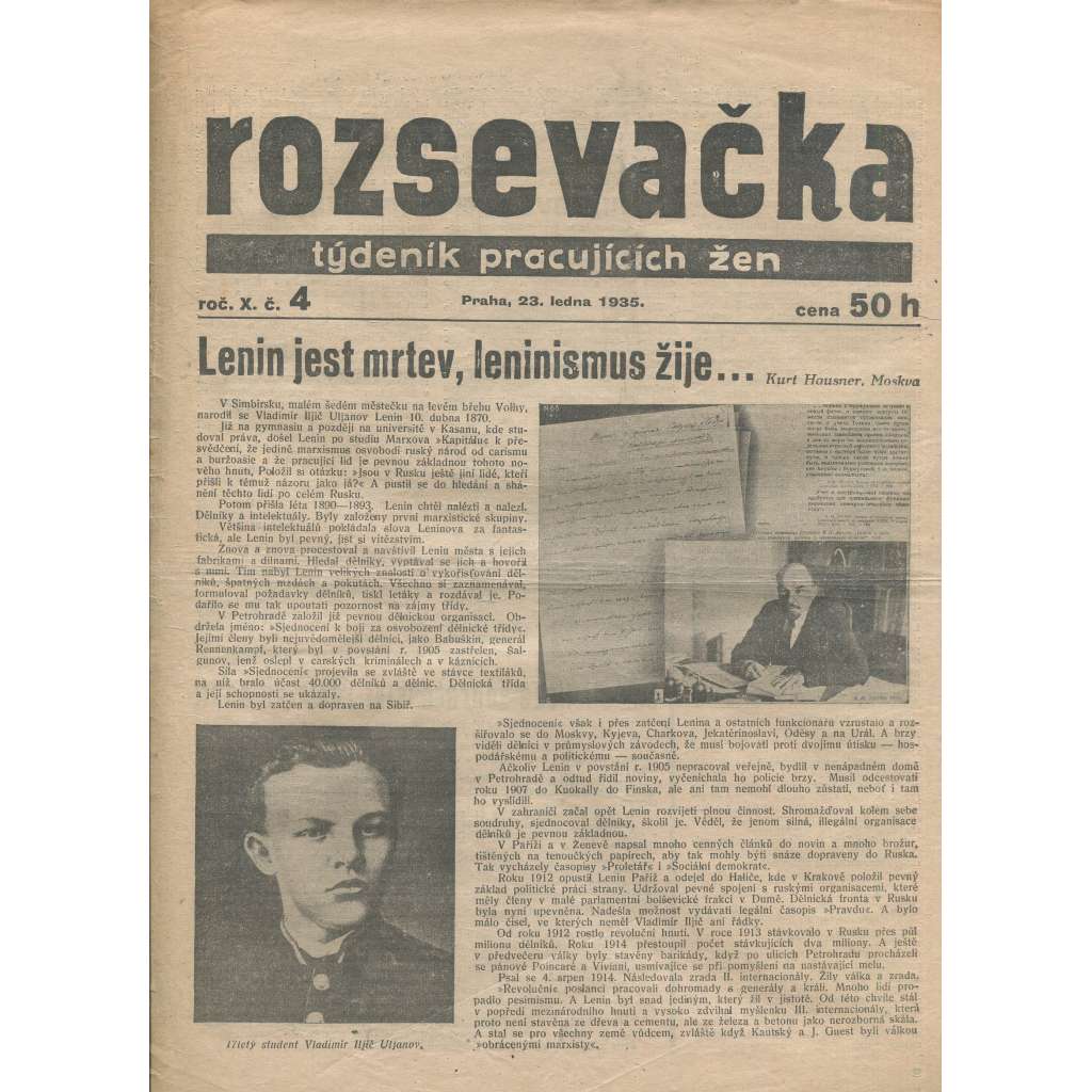 Rozsevačka, ročník X., číslo 4/1935. Týdeník pracujících žen (časopis, 1. republika, noviny)