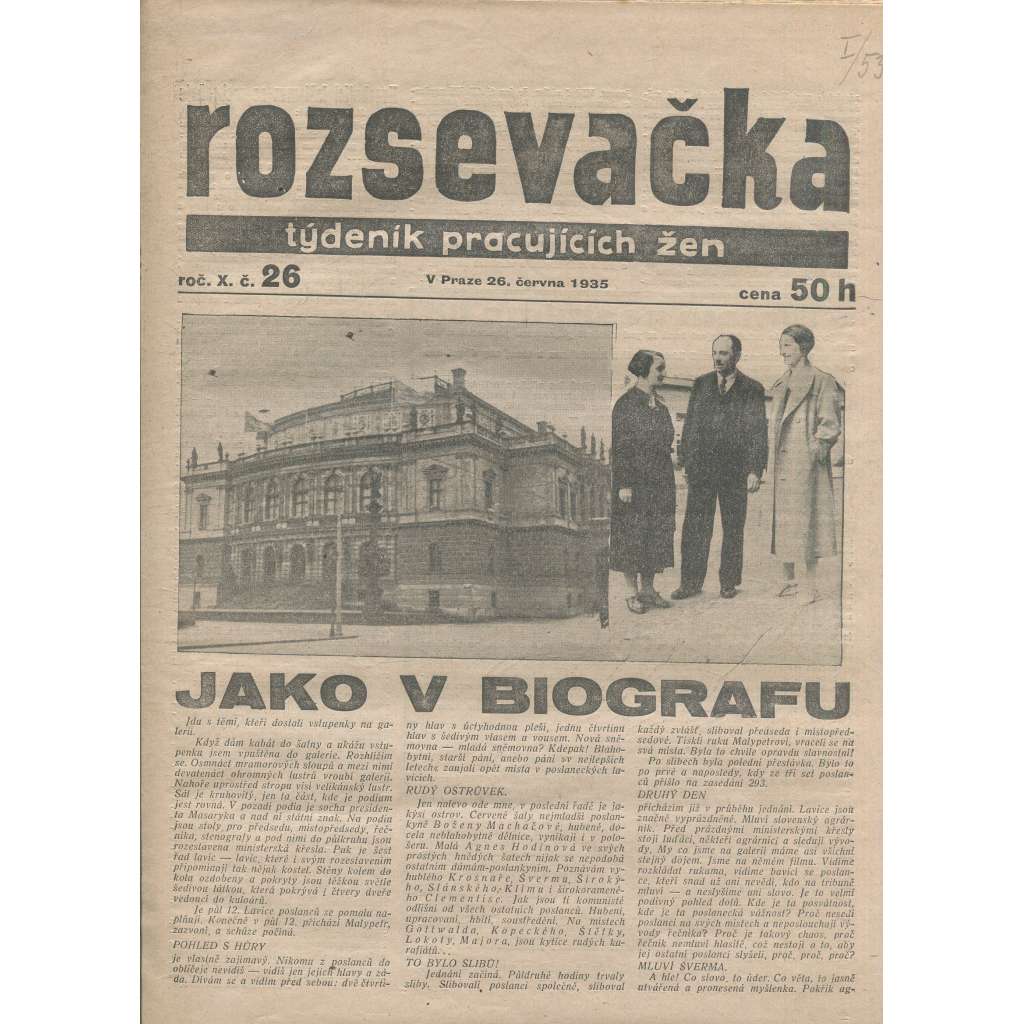 Rozsevačka, ročník X., číslo 26/1935. Týdeník pracujících žen (časopis, 1. republika, noviny)