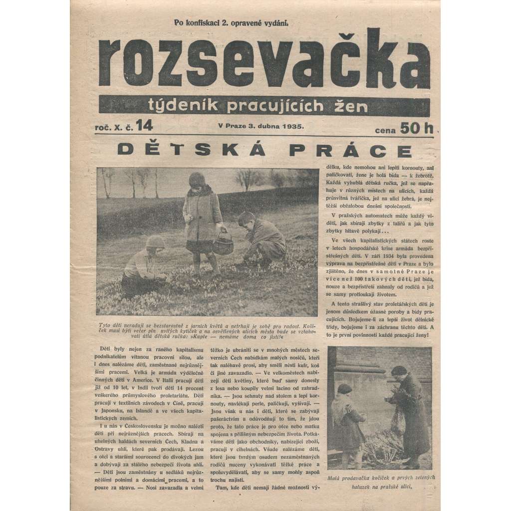 Rozsevačka, ročník X., číslo 14/1935. Týdeník pracujících žen (časopis, 1. republika, noviny)