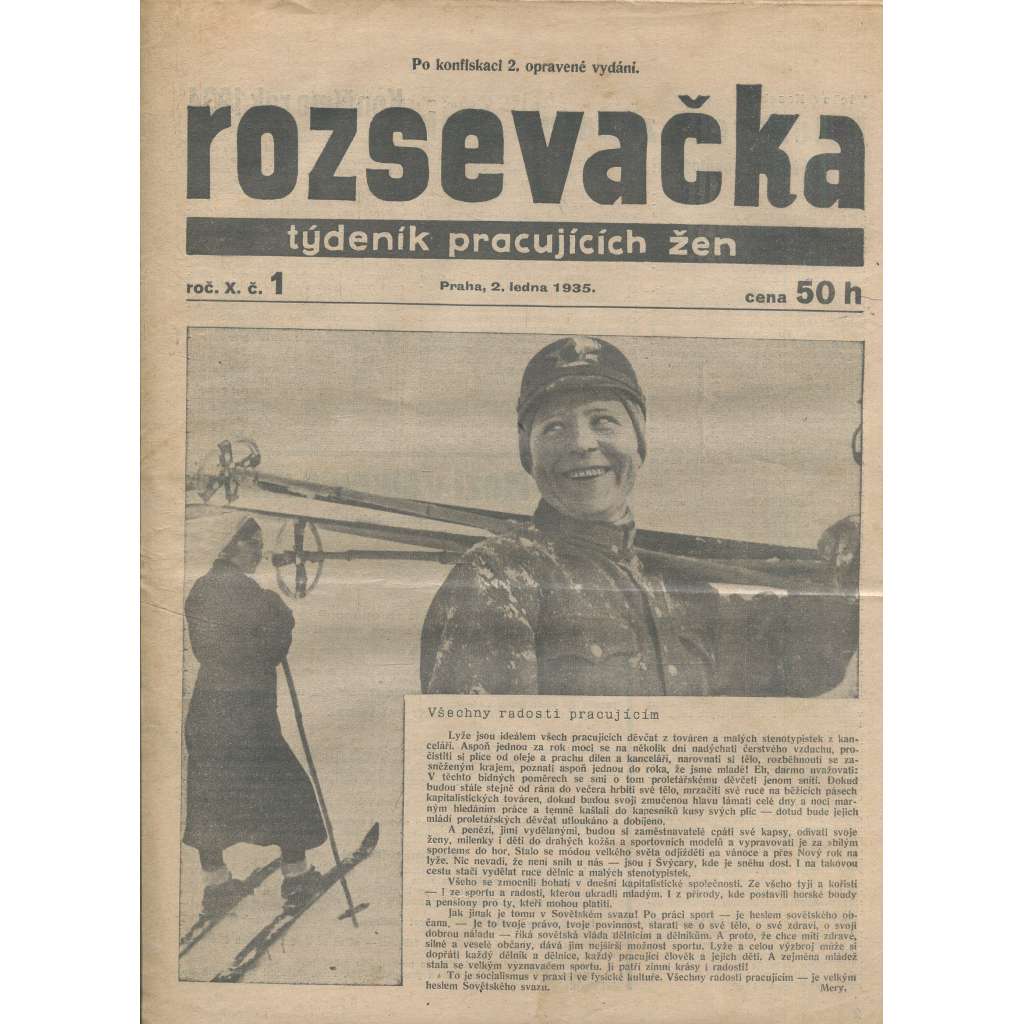 Rozsevačka, ročník X., číslo 1/1935. Týdeník pracujících žen (časopis, 1. republika, noviny)
