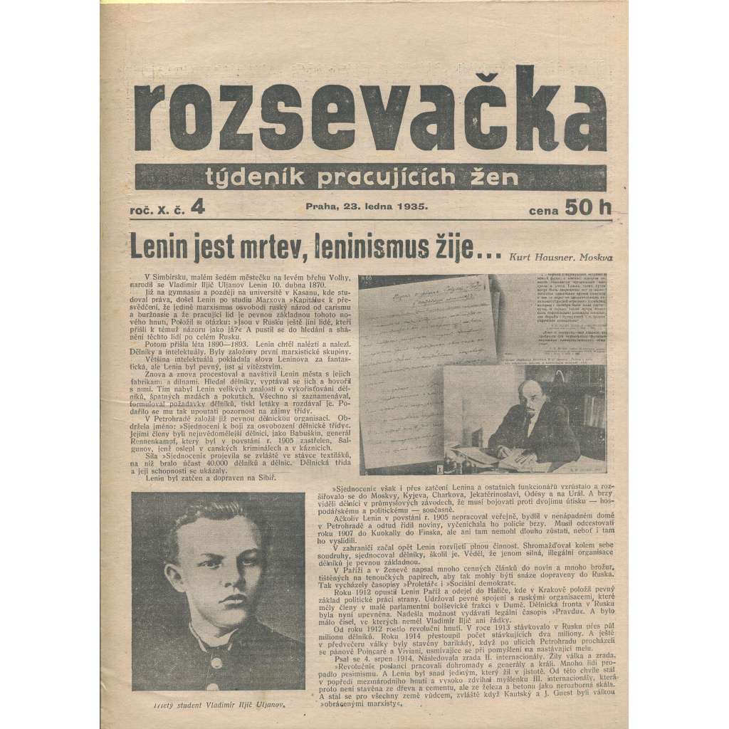 Rozsevačka, ročník X., číslo 4/1935. Týdeník pracujících žen (časopis, 1. republika, noviny)