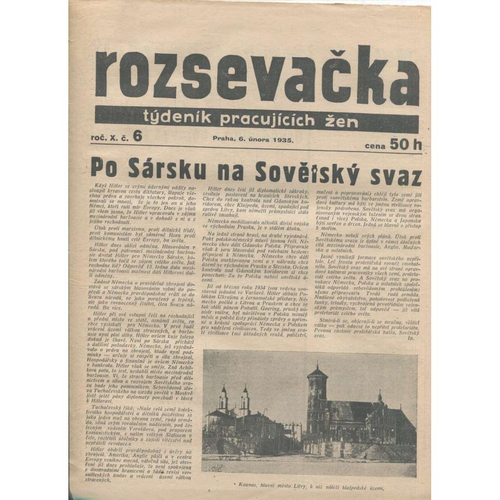 Rozsevačka, ročník X., číslo 6/1935. Týdeník pracujících žen (časopis, 1. republika, noviny)