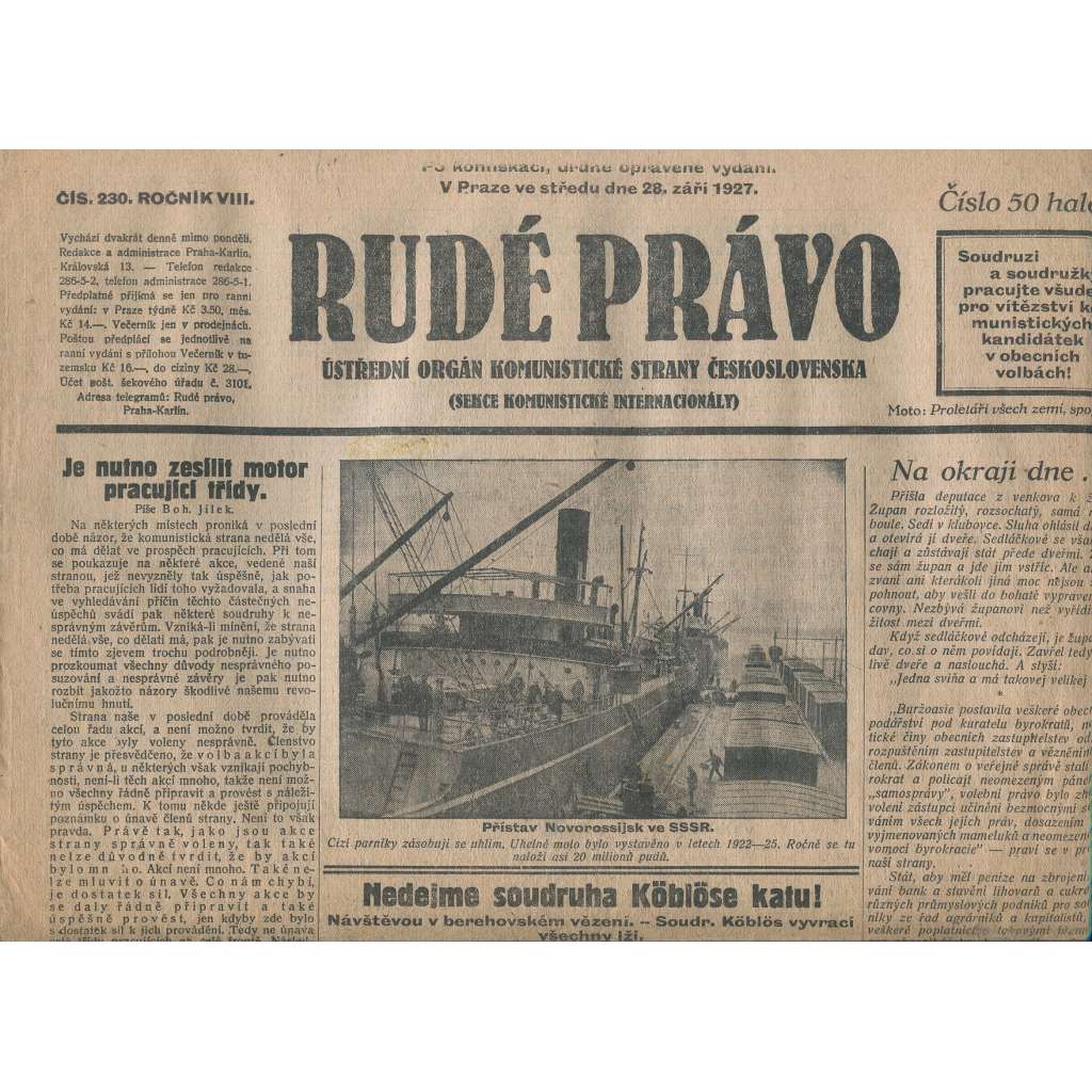 Rudé právo, ročník VIII., číslo 230. (28.9.1927). Ústřední orgán Komunistické strany Československa (1. republika, noviny)