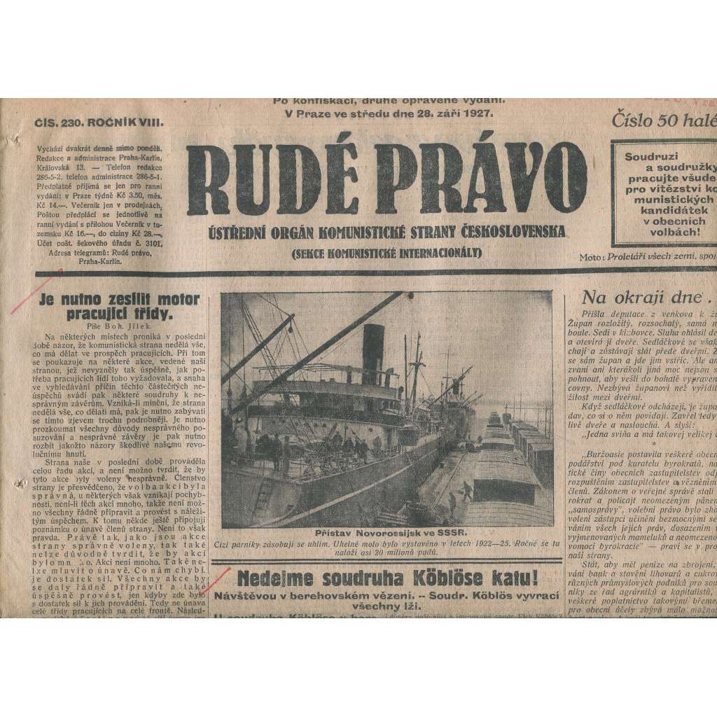 Rudé právo, ročník VIII., číslo 230. (28.9.1927). Ústřední orgán Komunistické strany Československa (1. republika, noviny)