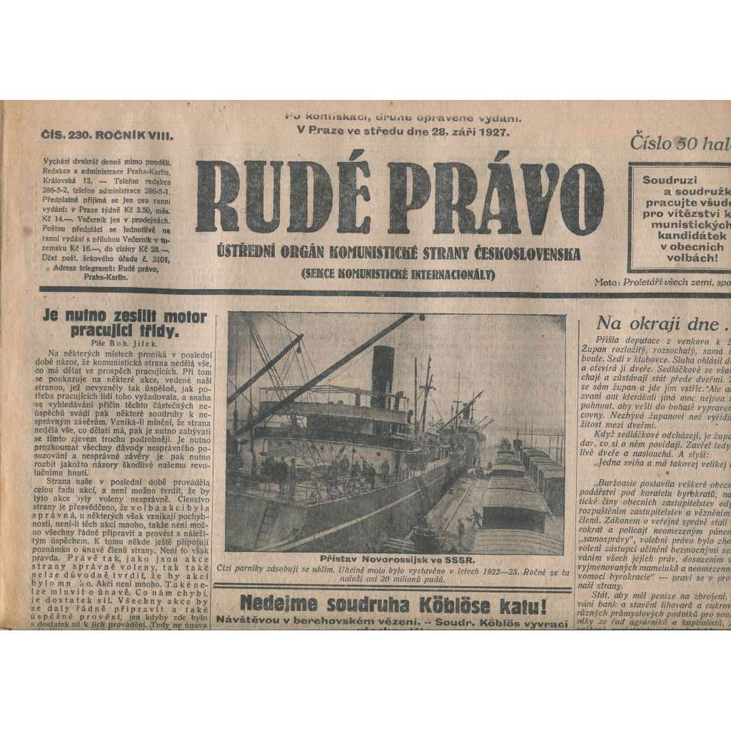 Rudé právo, ročník VIII., číslo 230. (28.9.1927). Ústřední orgán Komunistické strany Československa (1. republika, noviny)