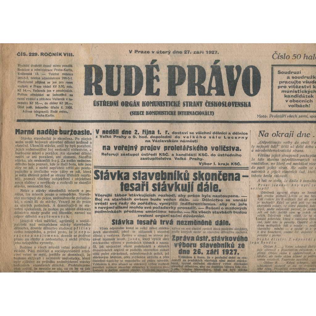 Rudé právo, ročník VIII., číslo 229. (27.9.1927). Ústřední orgán Komunistické strany Československa (1. republika, noviny)