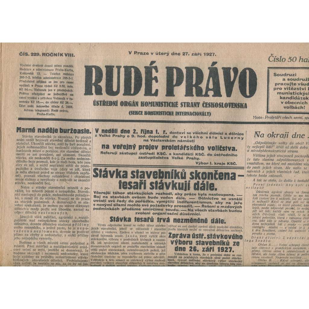 Rudé právo, ročník VIII., číslo 229. (27.9.1927). Ústřední orgán Komunistické strany Československa (1. republika, noviny)