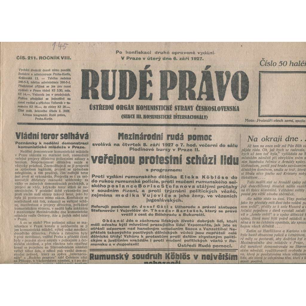 Rudé právo, ročník VIII., číslo 211. (6.9.1927). Ústřední orgán Komunistické strany Československa (1. republika, noviny)