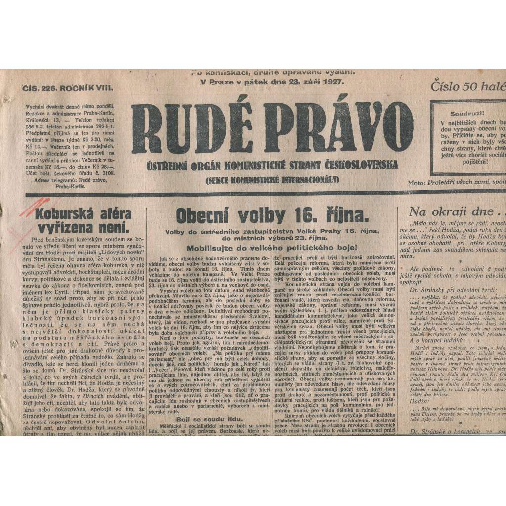 Rudé právo, ročník VIII., číslo 226. (23.9.1927). Ústřední orgán Komunistické strany Československa (1. republika, noviny)