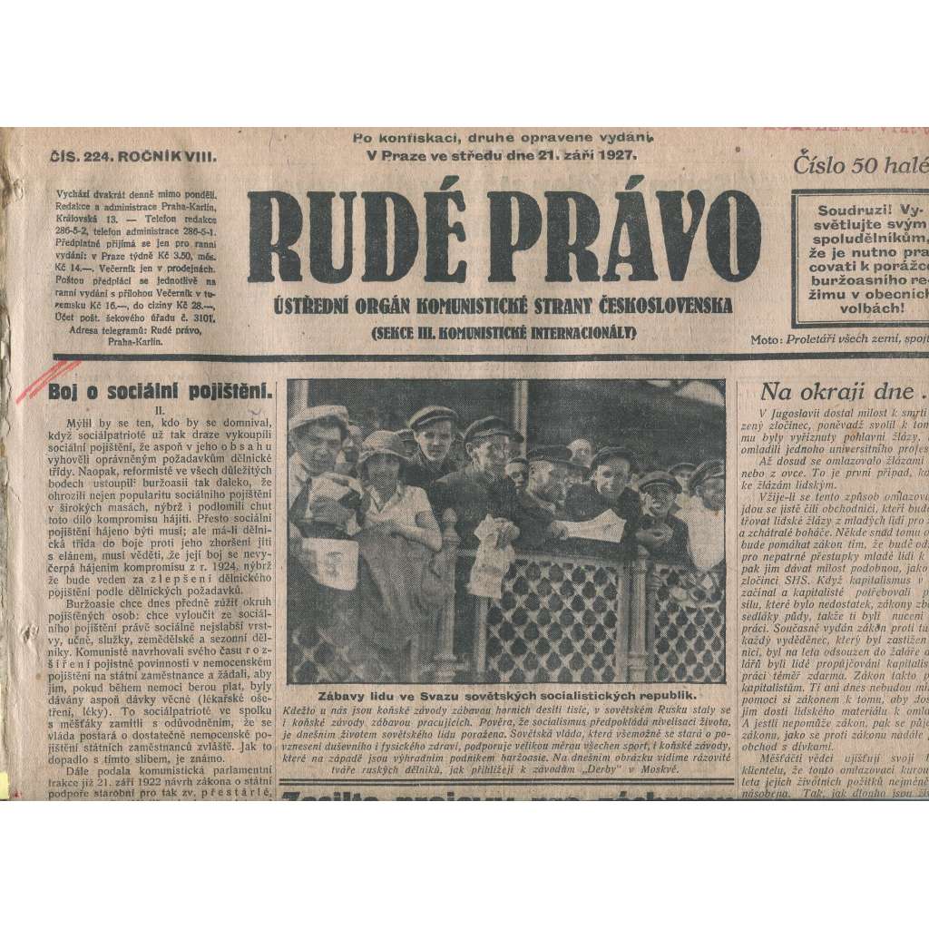 Rudé právo, ročník VIII., číslo 224. (21.9.1927). Ústřední orgán Komunistické strany Československa (1. republika, noviny)