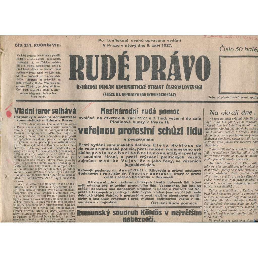 Rudé právo, ročník VIII., číslo 211. (6.9.1927). Ústřední orgán Komunistické strany Československa (1. republika, noviny)
