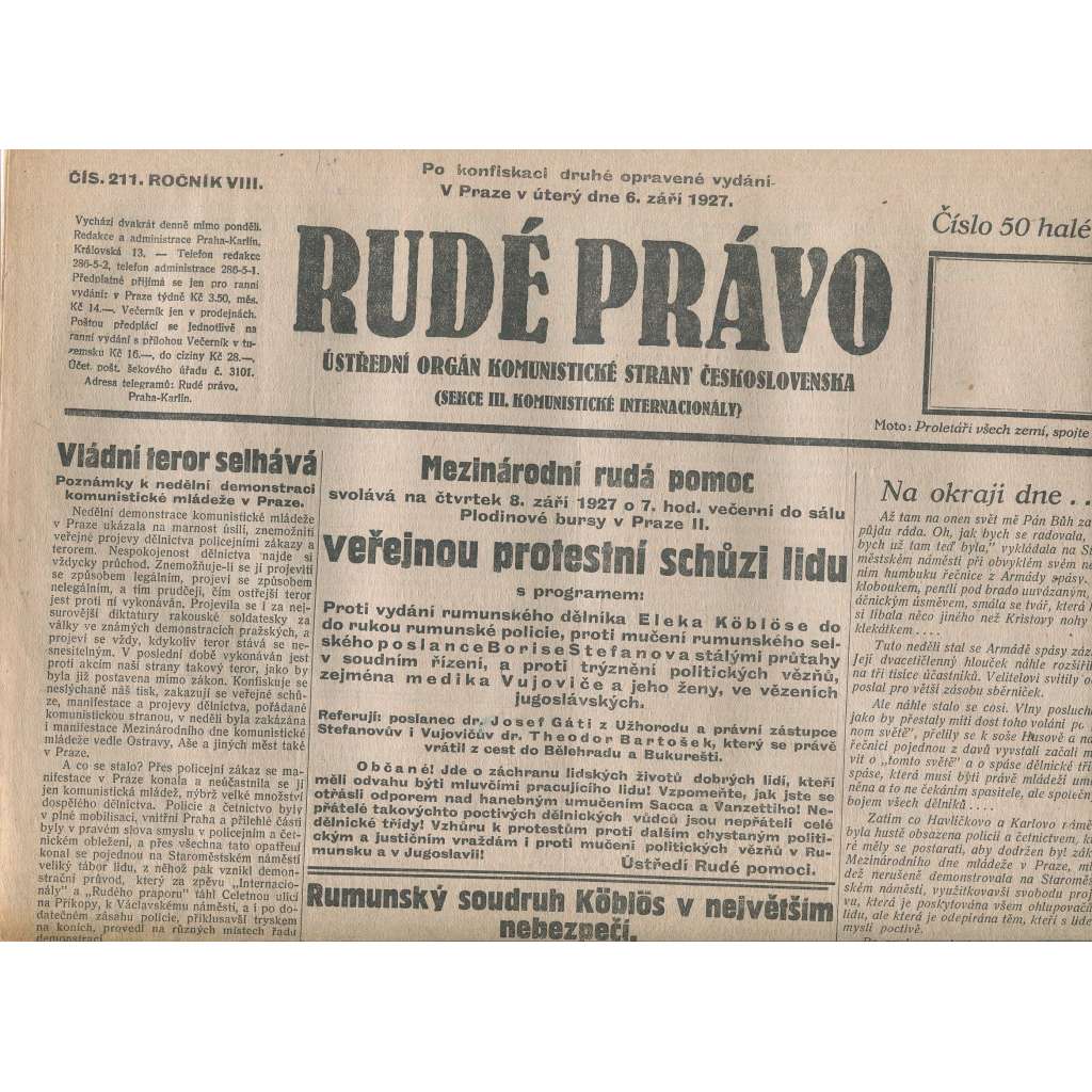 Rudé právo, ročník VIII., číslo 211. (6.9.1927). Ústřední orgán Komunistické strany Československa (1. republika, noviny)