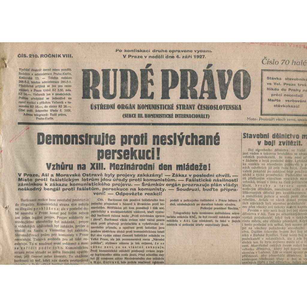 Rudé právo, ročník VIII., číslo 210. (4.9.1927). Ústřední orgán Komunistické strany Československa (1. republika, noviny)