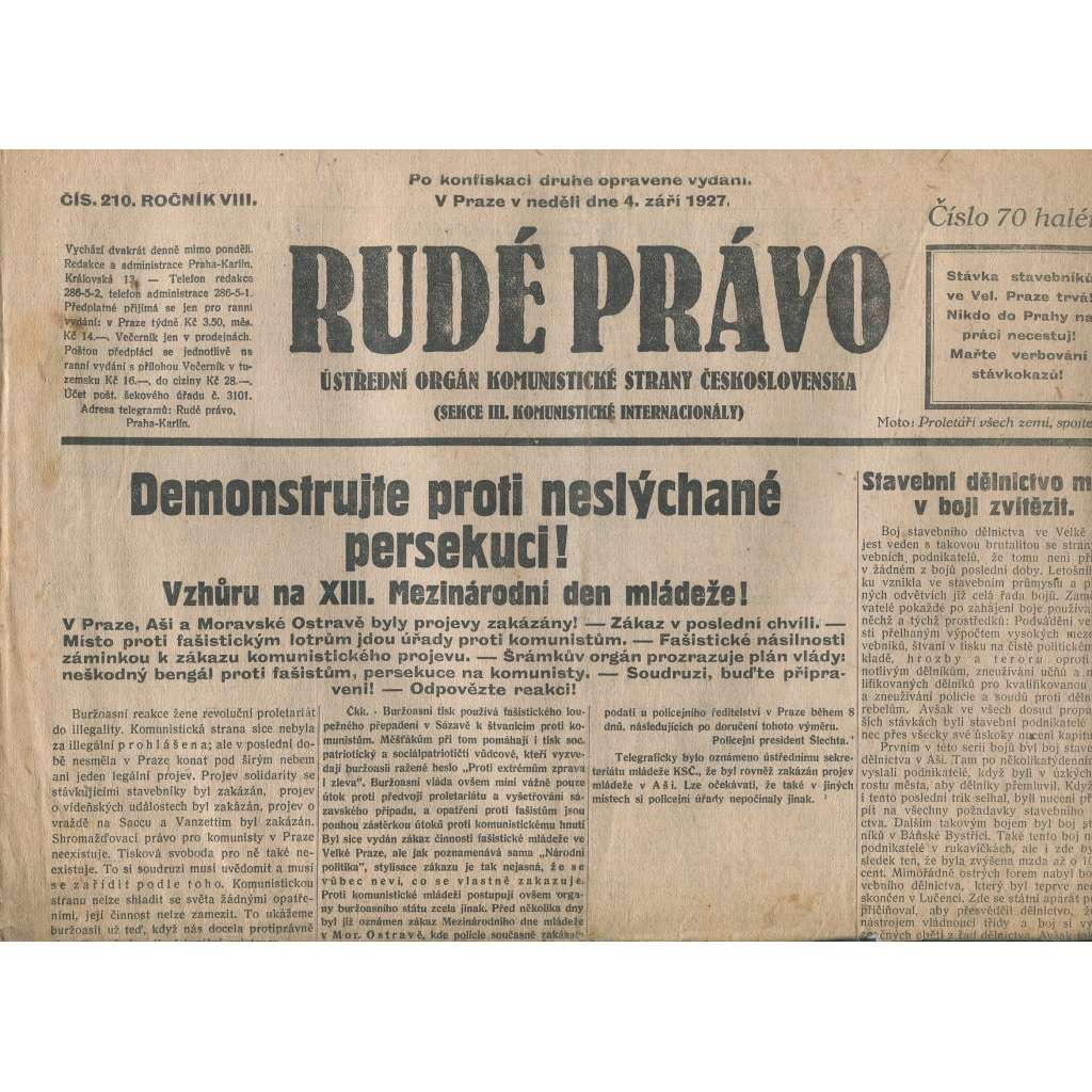 Rudé právo, ročník VIII., číslo 210. (4.9.1927). Ústřední orgán Komunistické strany Československa (1. republika, noviny)