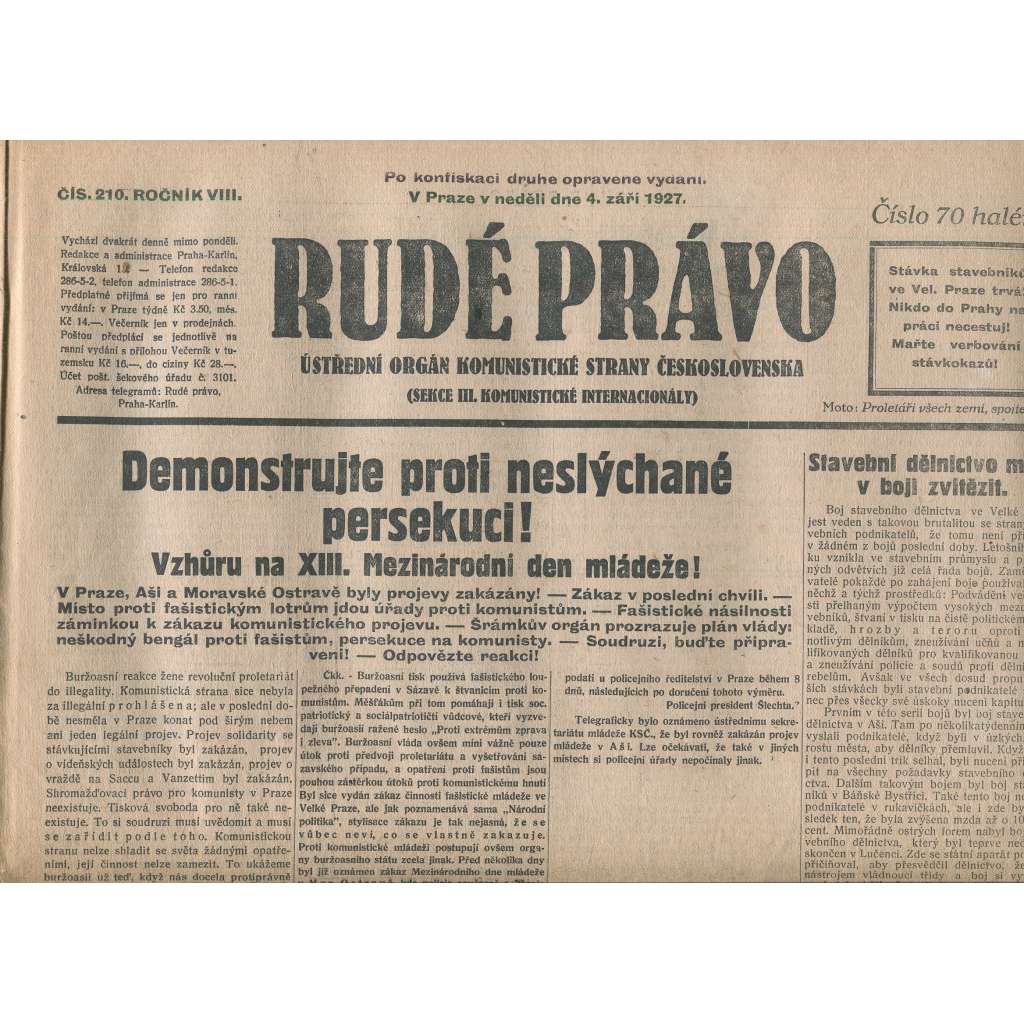Rudé právo, ročník VIII., číslo 210. (4.9.1927). Ústřední orgán Komunistické strany Československa (1. republika, noviny)