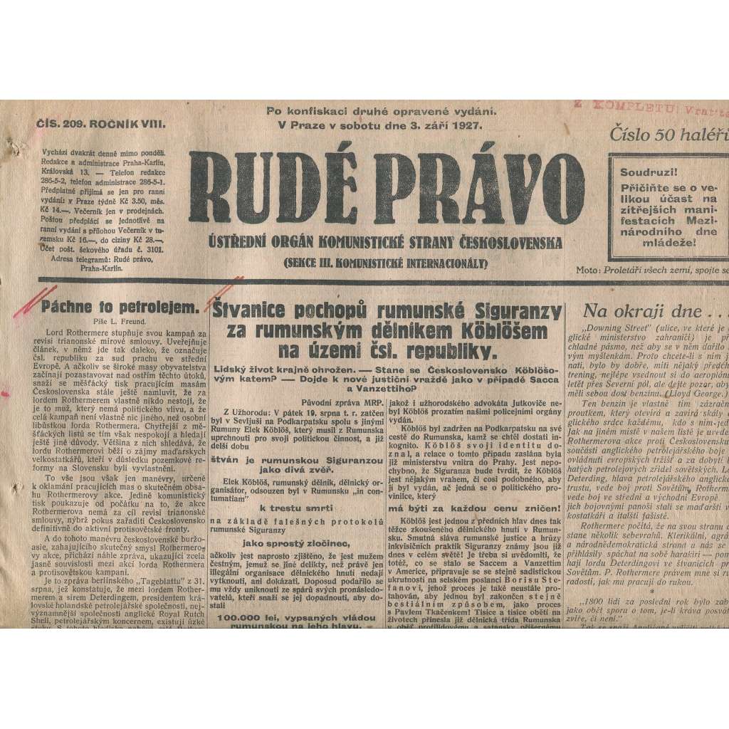 Rudé právo, ročník VIII., číslo 209. (3.9.1927). Ústřední orgán Komunistické strany Československa (1. republika, noviny)