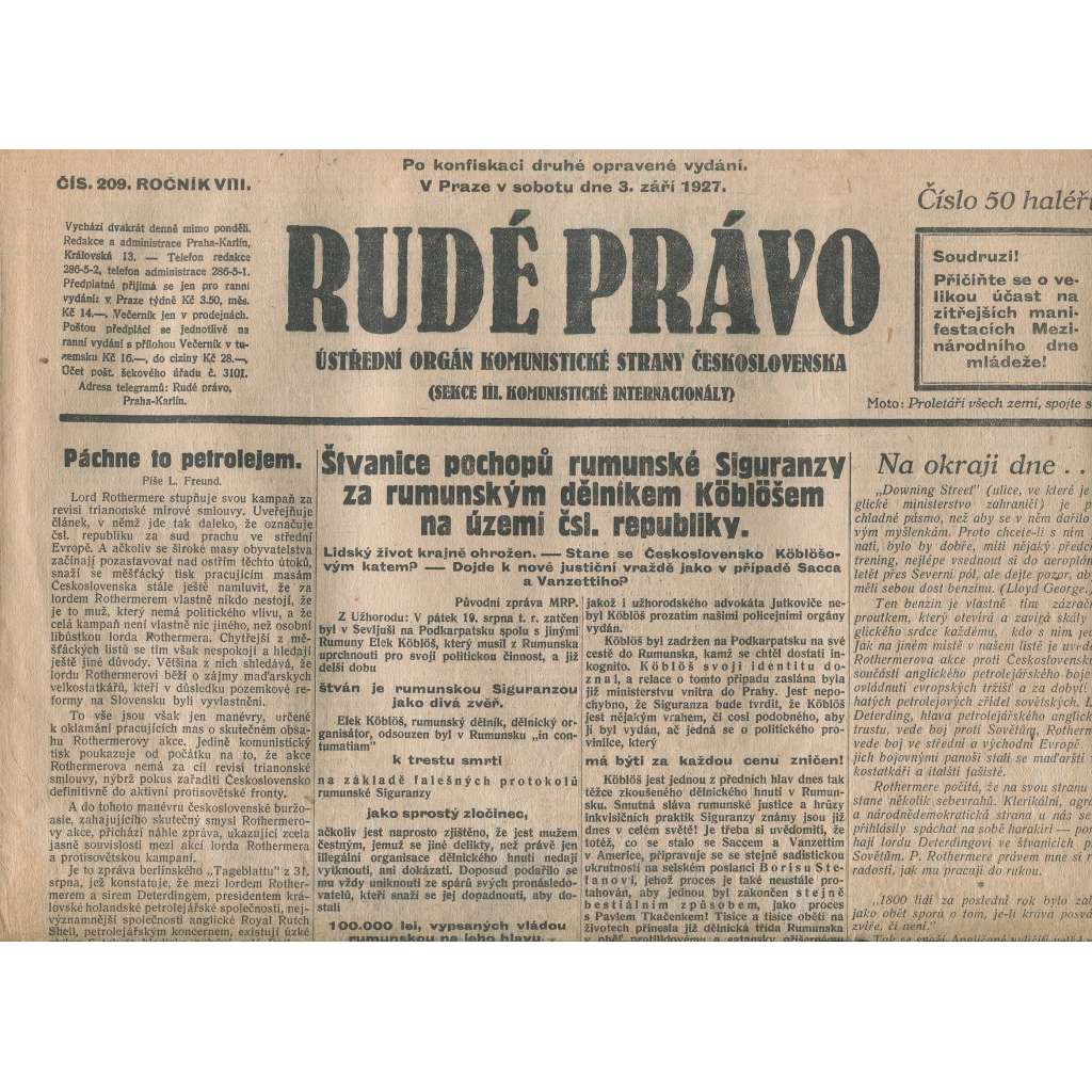 Rudé právo, ročník VIII., číslo 209. (3.9.1927). Ústřední orgán Komunistické strany Československa (1. republika, noviny)