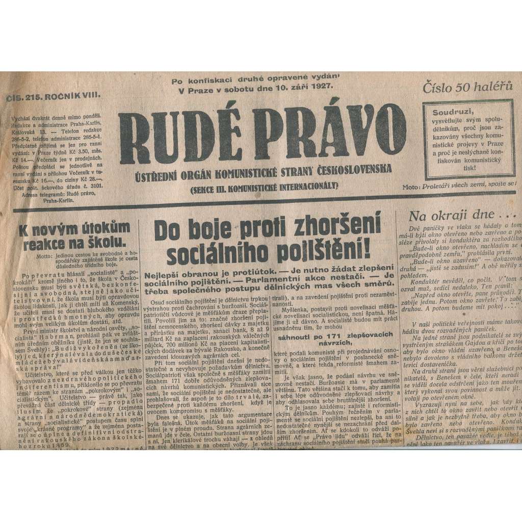 Rudé právo, ročník VIII., číslo 215. (10.9.1927). Ústřední orgán Komunistické strany Československa (1. republika, noviny)