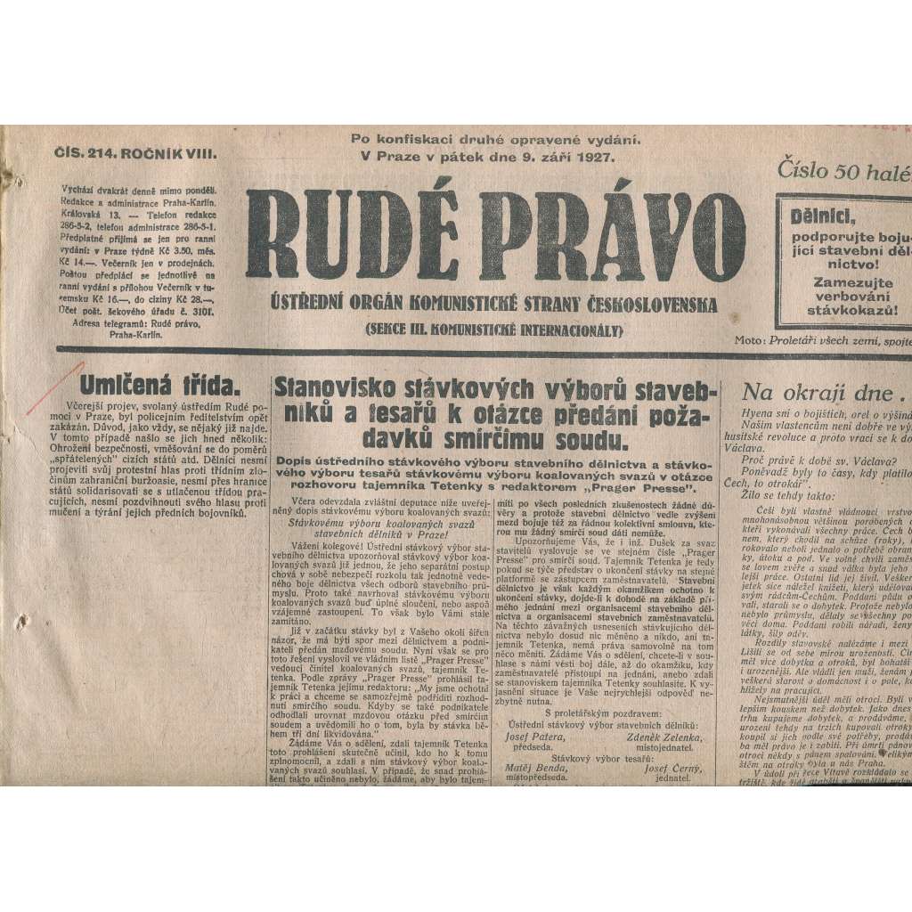 Rudé právo, ročník VIII., číslo 214. (9.9.1927). Ústřední orgán Komunistické strany Československa (1. republika, noviny)
